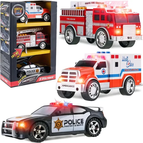 Vista 7 de Juego de vehículos de emergencia de juguete para niños con luces y sonidos (camión de bomberos, automóvil de policía y ambulancia) 3 en 1