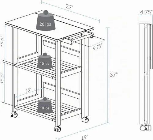 Vista 6 de Casual Home Carrito de cocina natural plegable Trek, 27 pulgadas de ancho (372-30)