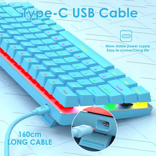 Vista 4 de FELICON AK33 - Teclado mecánico con cable para juegos, retroiluminación LED arco iris, con cable USB, 82 teclas, teclado de computadora