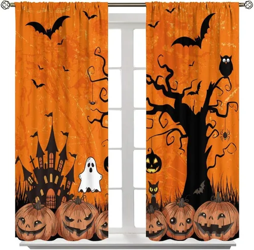Vista 2 de Cortinas de bosque de Halloween, diseño de castillo de terror y murciélago, decoración de ventana para dormitorio, sala de estar, 42 x 44 pulgadas