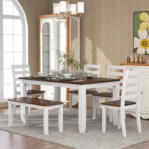 Vista 10 de Harper & Bright Designs 6-Piece Solid Wood Kitchen Dining Table Set, 60" Rectangular Table with 4 High-Back Tufted Upholstered Chairs & 1 Bench for