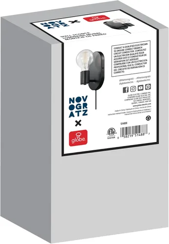 Vista 8 de GLOBE Electric x Novogratz 51488 - Lámpara de pared de 1 luz enchufable o cableada, negro mate, cable de tela de 5.9 pies, interruptor basculante