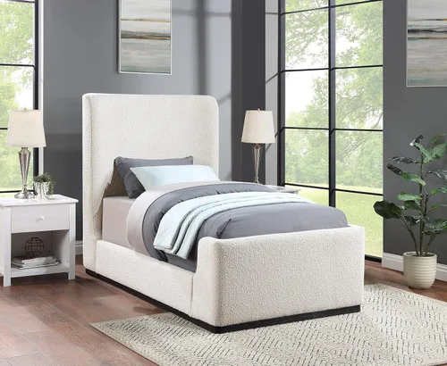 Vista 2 de Meridian Furniture OliverCream-T Colección Oliver Modern Cama individual tapizada de tela boucle contemporánea con acabado de cepillo de alambre