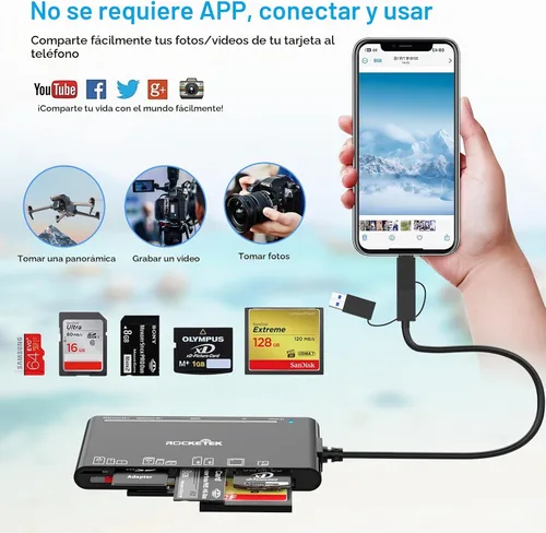 Vista 4 de USB C Lightning USB3.0 Lector de múltiples tarjetas para SD CF XD MS Micro SD TF, 7 en 1 lector de tarjetas de memoria adaptador Hub