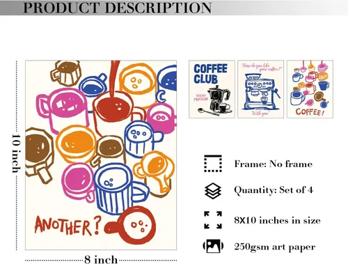 Vista 2 de JXREQ Trendy Vinatge - Juego de 4 impresiones artísticas de pared para cocina, cafetería, cocina, cafetería, carrito, 8 x 10 pulgadas, sin marco