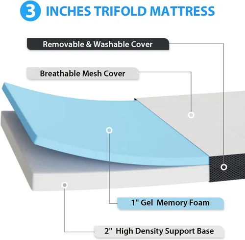 Vista 5 de PayLessHere Colchón de espuma viscoelástica triple plegable de 3 pulgadas Individual Firme medio Foldable Mattress with Dual Construction
