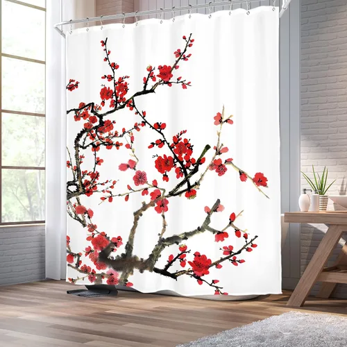 Vista 3 de Cortina de ducha floral roja para baño, 60 pulgadas de ancho x 72 pulgadas de largo, flor de cerezo, ciruela, estética asiática, japonesa, acuarela