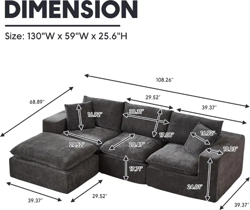 Vista 2 de Sofá nube modular en forma de L de 110 pulgadas con otomana móvil, cómodo sofá de 4 asientos de chenilla sin hueso con asiento profundo para sala
