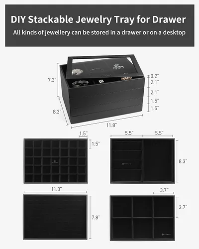 Vista 4 de Vlando Bandeja de joyería, caja organizadora de joyas apilable para cajón, aparador de armario, collar, aretes, anillos, pulseras para mujeres