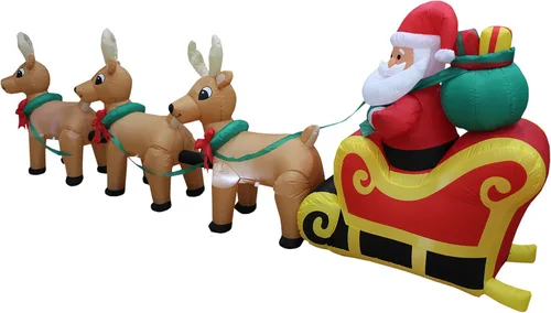 Vista 4 de Santa Claus en trineo con 3 renos, inflables, decoración de Navidad para jardín en, 12 pies de largo