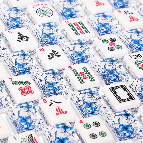 Vista 9 de Juego de Mahjong Americano, 166 Azulejos Premium de Acrílico con Impresiones Azules, 4 Estante/Empujadores de Color Todo en Uno, Juego Completo