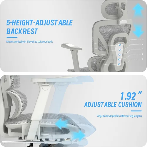 Vista 7 de Silla de oficina ergonómica con reposapiés y soporte lumbar Gris