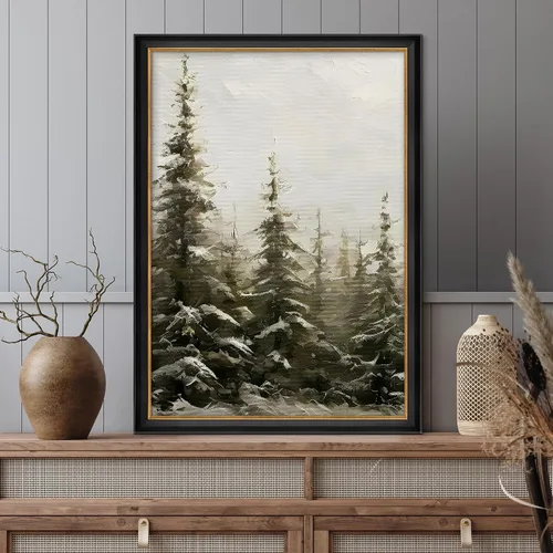 Vista 2 de MUDECOR Lienzo enmarcado prémium para pared, pinos nevados en bosque de invierno, ilustraciones modernas, arte contemporáneo, escénico, divertido