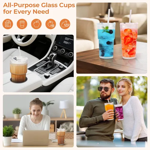 Vista 7 de Paquete de 2 tazas de vidrio de 20 onzas con tapas y pajitas, tazas de café helado, cristalería acanalada vintage para cerveza, café helado, jugo