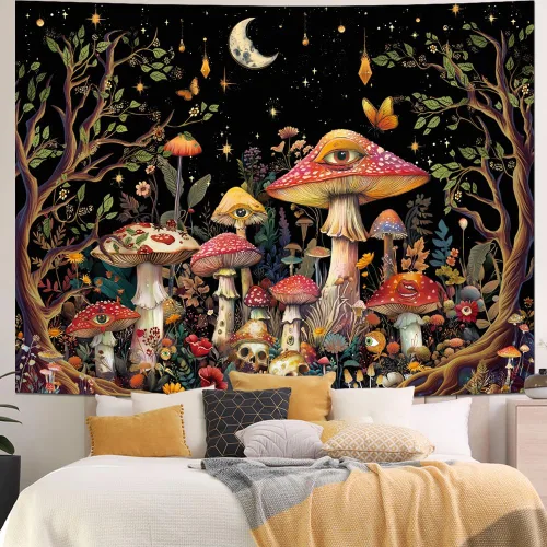 Vista 4 de Generleo Tapiz de hongos con luz negra, tapiz floral de plantas hippie reactivas a los rayos UV, tapices de luna de árbol malvado de ojo, decoración