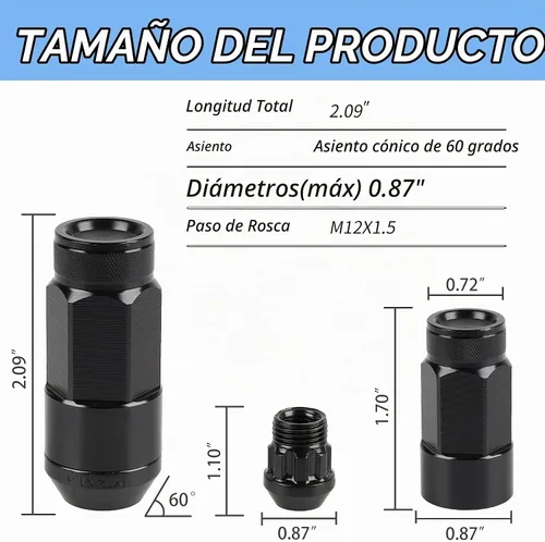Vista 2 de 20 piezas de tuercas de llanta de extremo cerrado M12X1.5 para llantas de rueda + casquillo (negro)