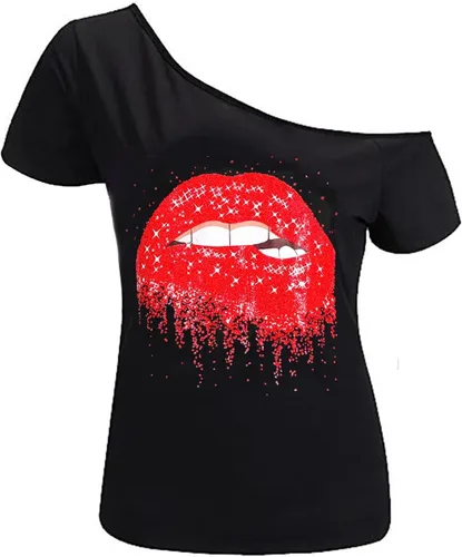 Vista 82 de MAGICMK - Camiseta casual para mujer, con estampado de labios y hombro descubierto, talla extragrande