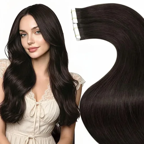 Vista 24 de LaaVoo Extensiones adhesivas de cabello humano real, color negro azabache, extensiones de cabello humano liso y sedoso, 10 pulgadas, 20