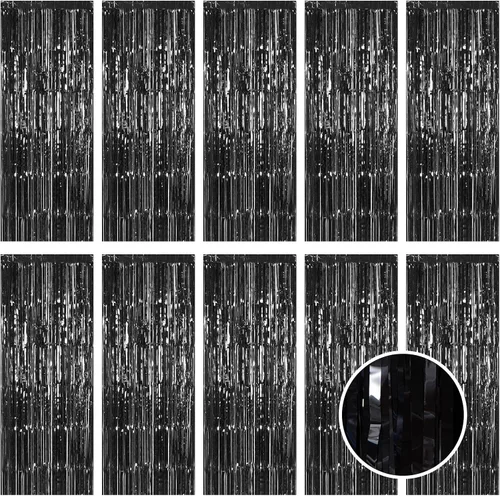 Vista 19 de Paquete de 5 cortinas de papel de aluminio negro de 3.2 x 9.8 pies, cortinas de oropel metálico con flecos, telón de fondo para cabina de fotos