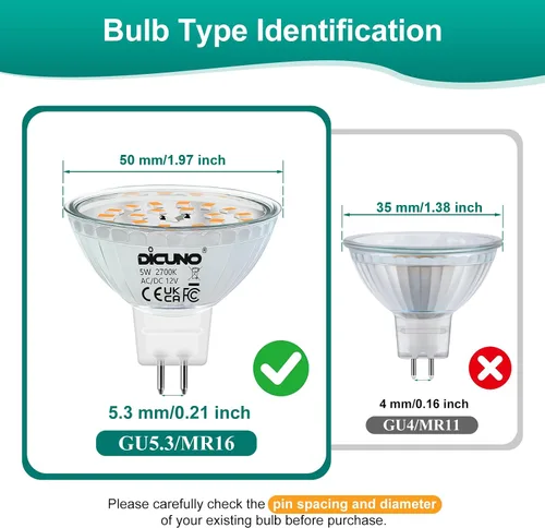 Vista 3 de DiCUNO Bombillas LED MR16 regulables de 50 W, reemplazo halógeno de 2700 K, blanco cálido, base de vidrio GU5.3 con base de dos pines, ángulo de haz