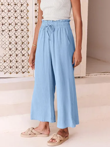 Vista 8 de ANRABESS Pantalones de lino para mujer, estilo casual, holgados, cintura alta, cordón de pierna ancha, pantalones capri palazzo con bolsillos