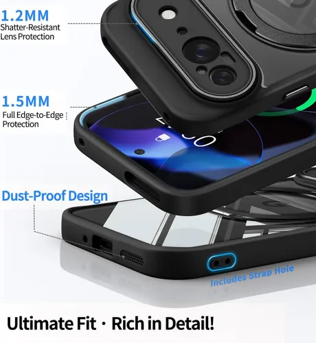 Vista 6 de 【Soporte magnético giratorio de 360°】 Funda para Google Pixel 9 【Compatible con MagSafe y Pixelsnap】 Funda con soporte de anillo 【Cristal Negro