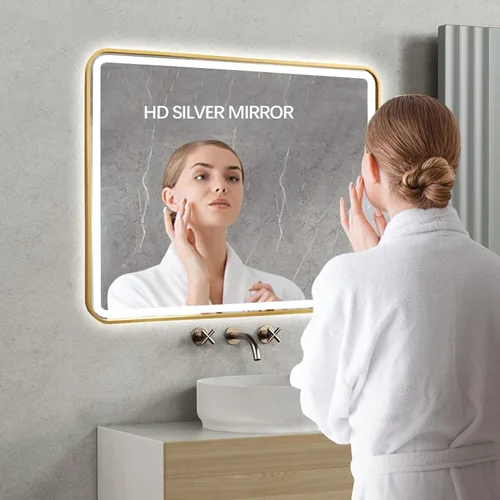 Vista 9 de Espejo de baño LED dorado, retroiluminado de 36 x 24 pulgadas y espejo de tocador frontal Espejo rectangular iluminado con 3 colores, regulable