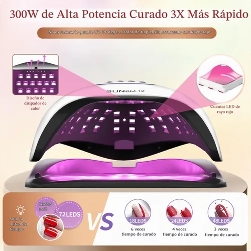 Vista 2 de Lámpara de uñas UV LED con 72 perlas, lámparas de curado de uñas de 300 W para esmalte de gel con sensor automático/4 ajustes de temporizador