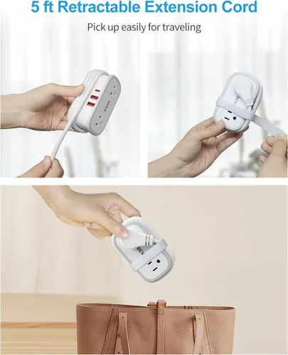 Vista 4 de BEVA Regleta de alimentación de viaje, regleta de enchufe plano con cable USB C retráctil, cable de extensión corto de 5 pies con 2 salidas de CA, 3
