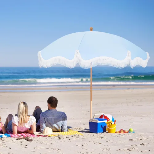 Vista 4 de Sombrilla de playa para patio de 7 pies con flecos, sombrilla para exteriores junto a la piscina, azul