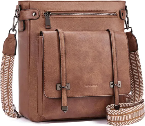 Vista 16 de Bolsos cruzados Roulens para mujer, bolsos cruzados con múltiples bolsillos de cuero vegano para mujer, bolsos de hombro, bolsos de viaje con correa