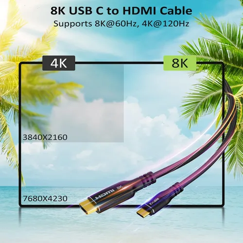 Vista 2 de Cable USB C a HDMI 2.1 de 8K de 4 pies, (8K @60 Hz, 4K a 120 Hz, HDR), cable trenzado, compatible con Thunderbolt 3/4, para iPhone 15 Series