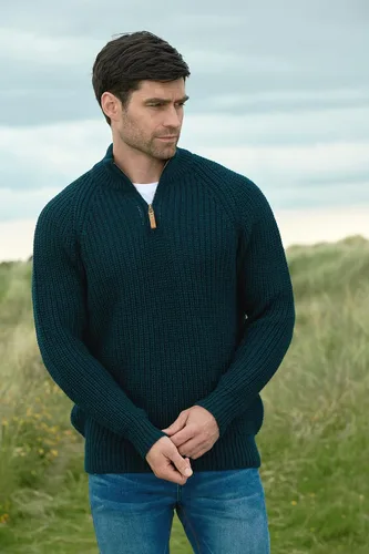 Vista 2 de Aran Crafts Suéter acanalado con media cremallera, 100% lana, fabricado en Irlanda