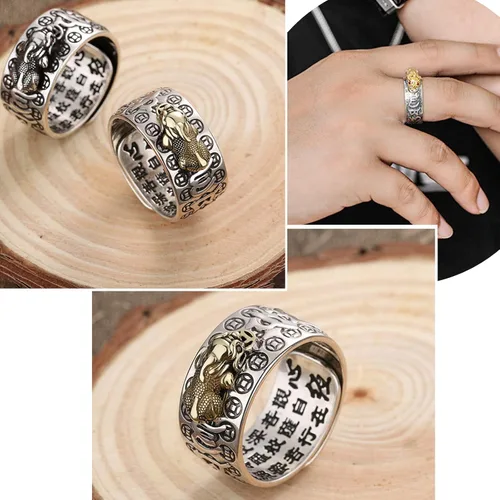 Vista 5 de HJ HUAJ 990 Silver Feng Shui PiXiu Adjustable Ring MANI Mantra Protection Wealth Ring