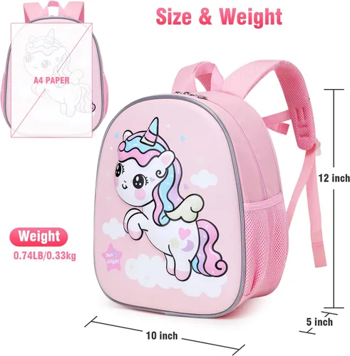 Vista 3 de Mochila para niñas y niños, bonita mochila escolar de dibujos animados 3D para bebés y niñas de 2 a 5 años, Unicorn
