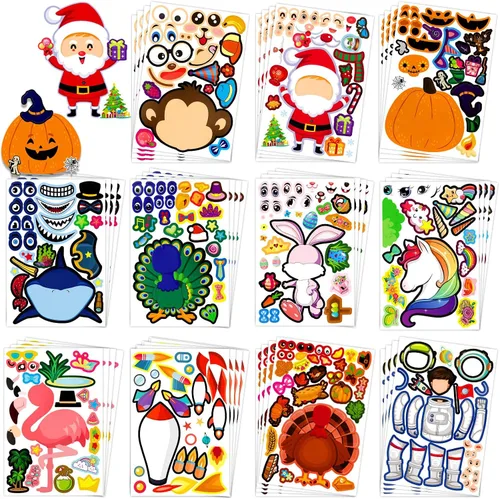 Vista 10 de Paquete de 100 calcomanías para hacer tu propia cara de animal, 25 diseños, divertidas calcomanías de cara de princesa princesa princesa para niños
