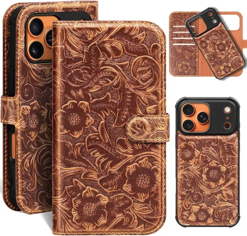 Vista 30 de Funda de cuero compatible con iPhone 16 Pro Max Cartera 6.9", cuero genuino 2 en 1, magnética, desmontable, a prueba de golpes, funda tipo folio