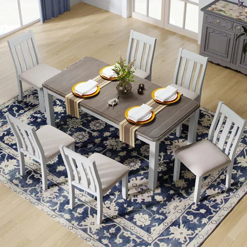 Vista 10 de Juego de mesa de comedor vintage de 6 piezas, juego de mesa de comedor de cocina de madera maciza con 4 sillas ergonómicas acolchadas y banco, mesa