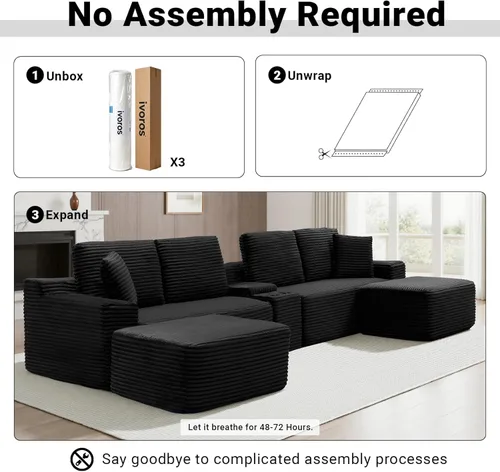 Vista 8 de Sofá modular modular de 150 pulgadas, sofá de nube moderno de gran tamaño para sala de estar, sofás en forma de U con 2 otomanas, puertos USB y Negro