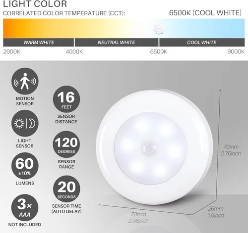 Vista 4 de STAR-SPANGLED Paquete de 3 luces con sensor de movimiento de 2.8 pulgadas para interiores, funciona con pilas AAA, luz LED para pegar en escaleras