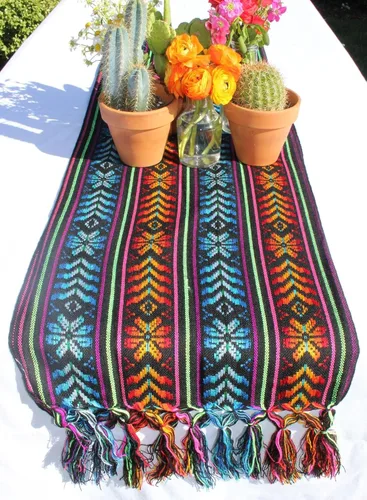 Vista 3 de Del Mex Bufanda de camino de mesa mexicana tejida estilo Rebozo (negro)