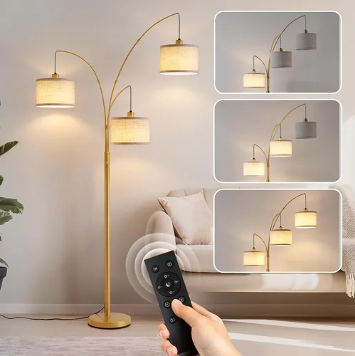 Vista 10 de Lámpara de pie con control remoto, lámparas de pie de arco de 3 luces para sala de estar, lámparas de pie altas de 2400 lm con pantallas blancas