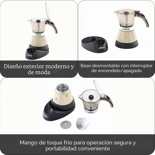 Vista 2 de IMUSA Cafetera eléctrica de almendras de 3 o 2 tazas, cafetera moka compacta con función de mantener el calor, base desmontable, cafetera de leche