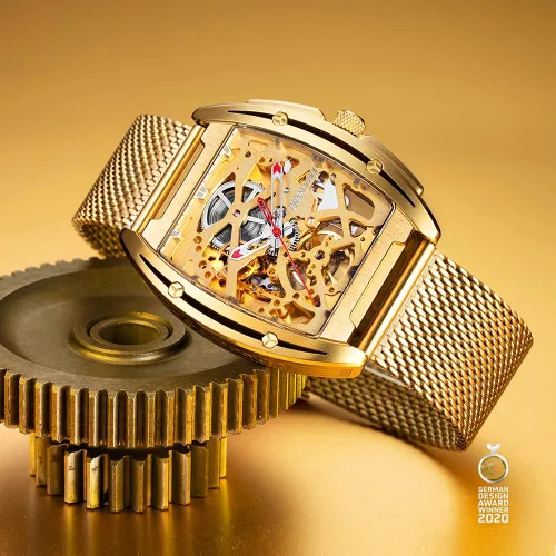 Vista 3 de CIGA Design Reloj de pulsera mecánico de acero inoxidable dorado con correa de silicona de zafiro con una correa de acero inoxidable