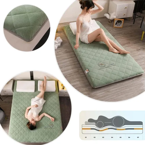 Vista 3 de KKCD Shikibuton - Colchón de futón japonés de felpa, cálido y suave, colchón enrollable para tatami, tapete portátil para dormir con fibra de Verde