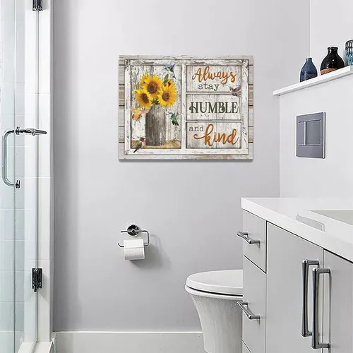 Vista 5 de Arte de pared motivacional, diseño rústico de girasol, colibrí, decoración de pared de baño, con citas inspiradoras "Always Stay Humild" y Kind