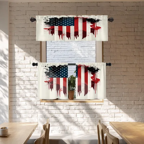 Vista 102 de Batmerry American Flag Ink Dot Blackout Tier Curtains, Red Blue White Stars Abstract Thermal Insulated Half Curtain Rod Pocket Small Valance for