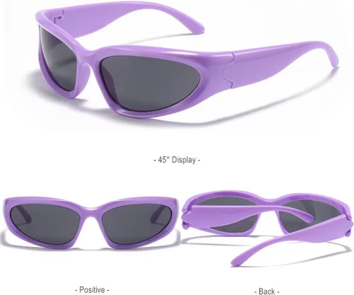 Vista 4 de BAWUYI Y2K - Gafas de sol envolventes para hombres y mujeres gafas cibernéticas deportivas con protección UV400 marco morado lente gris
