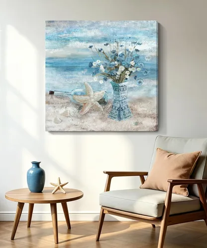 Vista 32 de Arte de pared para decoración de baño, imagen de playa azul, tema oceánico, impresión en lienzo de flores, pintura moderna de paisaje marino