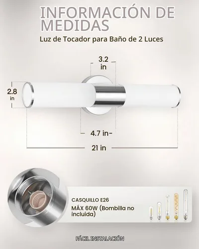 Vista 2 de Lámpara de pared de 2 luces para tocador de baño, aplique de pared de níquel cepillado con vidrio blanco ópalo, lámpara de pared interior E26, luz